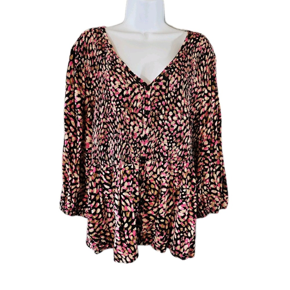 Cato Blouse Womens 22/24W Black Pink Ivory Smocked Button Detail 3/4 Sleeve